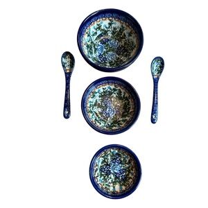 Unikat Boleslawiec Polish Art Pottery Hand Painted 3 Sm Nesting Bowls 2 Spoons